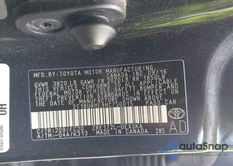 2017 Toyota Corolla Se from USA, damaged, VIN 2T1BURHE9HC750015